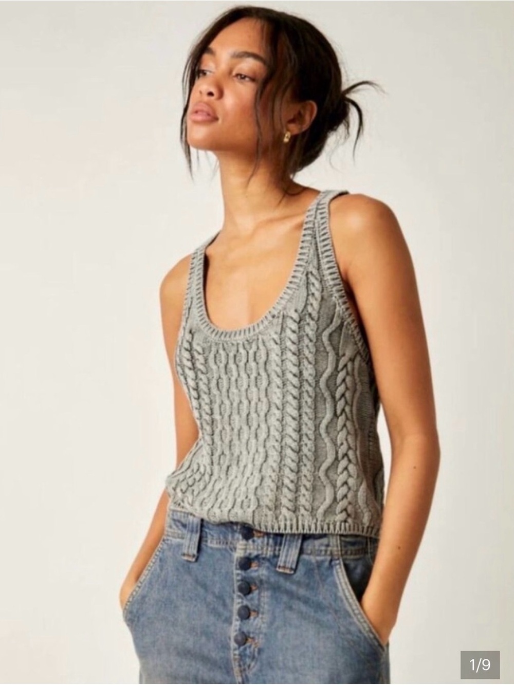Free People Gray Cable Knit Cotton Sweater Tank Crop Top Boho Fisherman M Casual
